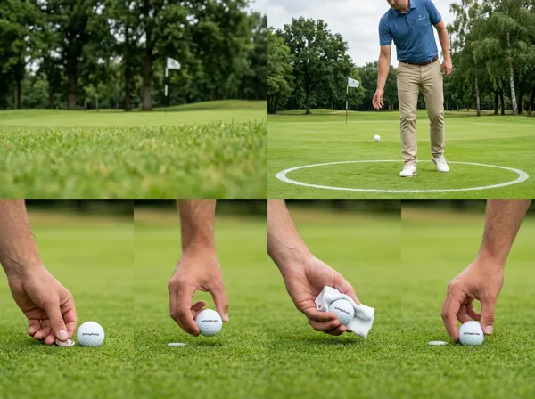Illustration zu Verfahren für den Ball: markieren, aufnehmen, reinigen; an einer Stelle zurücklegen; im Erleichterungsbereich droppen; von einem falschen Ort spielen